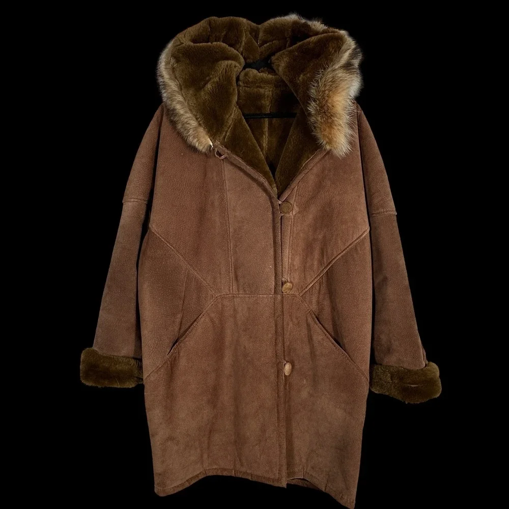 Marvin Richards Genuine Leather Suede Fur Trimmed Hooded Winter Coat Medium - Picture 4 of 8